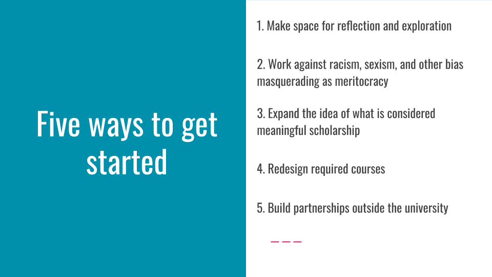 Slide with "Five ways to get started" on the left and bullet points (detailed in the text) on the right
