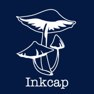 Drawing of three mushrooms with the word Inkcap below. White on navy blue
