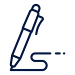 Dark blue line drawing of a pen trailing a curved line of ink