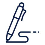 Dark blue line drawing of a pen trailing a curved line of ink